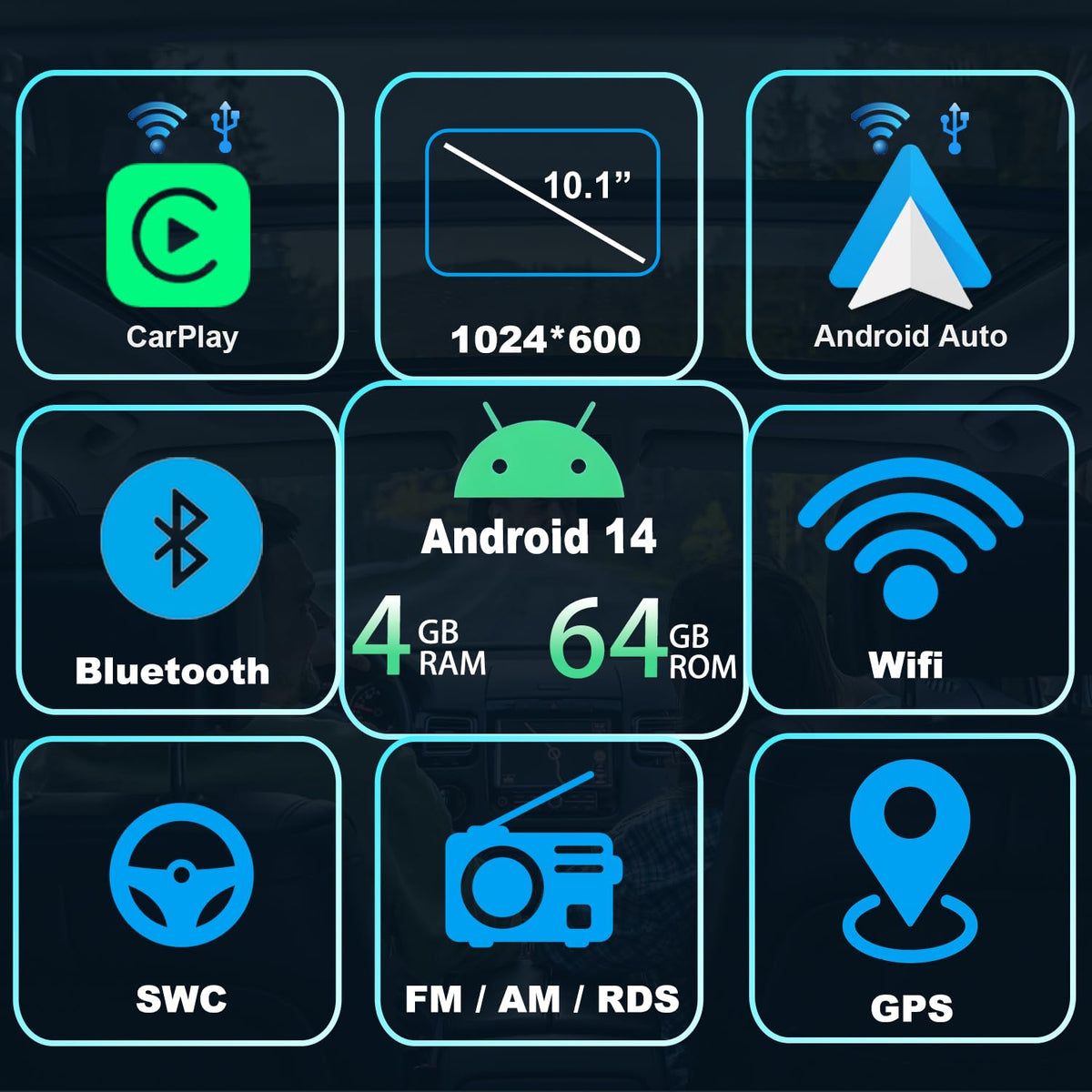 Single Din Car Radio Touchscreen Android 14 with Wireless CarPlay
