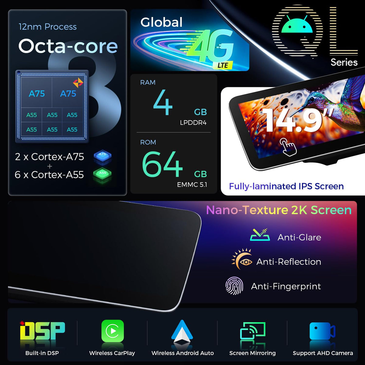 XTRONS 14.9 Inch Android 14 Car Stereo for Mercedes-Benz M-Class W166 GL-Class X166 2012-2015 NTG 4.5/4.7 System, 2K IPS Anti-Glare Touch Screen GPS Navigation Support Wireless CarPlay Android Auto 4G