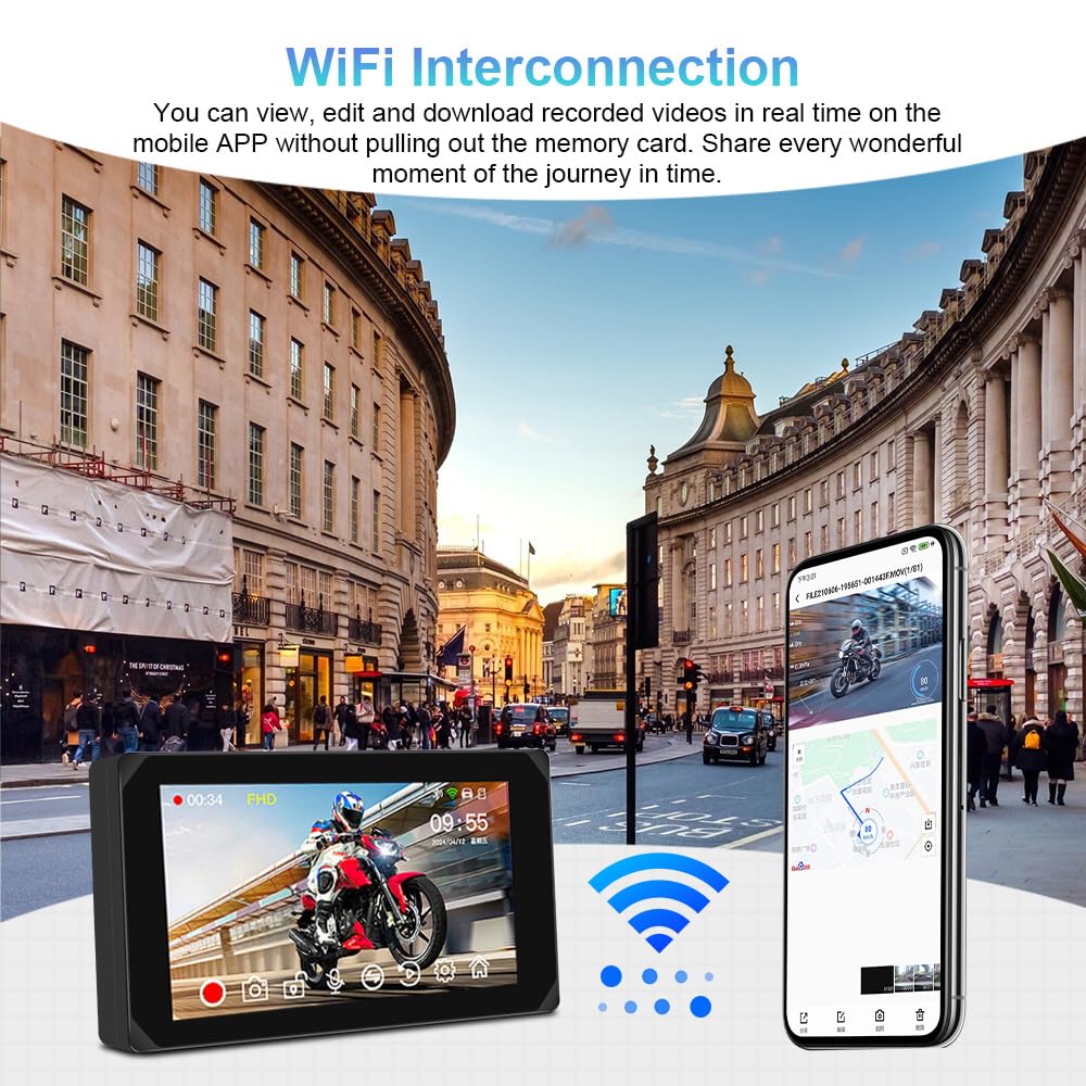 Motorcycle Carplay Screen, Wirelss Carplay Android Auto, Tire Pressure Sensors, Parking Monitoring, WiFi 5 Inch Touchscreen 1080P Front and Rear Camera Motorbike Dash Camera, GPS (5-inch)