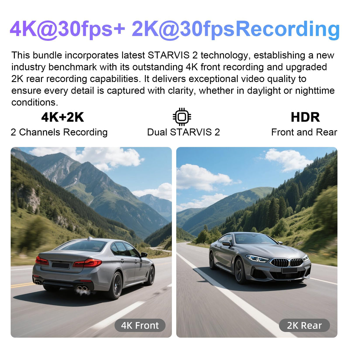 4K Front & 2K Rear 2 Channel HDR Dash Cam for Toyota Prius 2023-2026