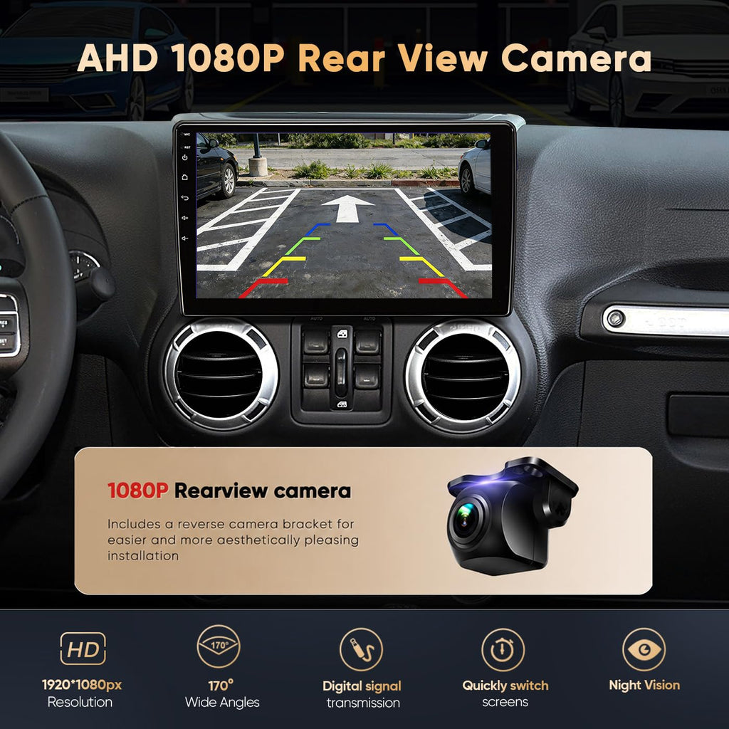 Car Radio Stereo for Jeep Wrangler JK 2007 2008 2009 2010 2011 2012 2013 2014 2015 2016 2017 2018, 10" Android Head Unit, Wireless CarPlay, Android Auto, GPS, Bluetooth, SWC, Backup Camera