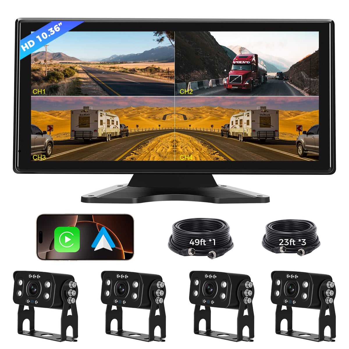 Truck RV Camera System with CarPlay & Android Auto,10.36'' Touch Screen with Recording & Voice Control & Navigation, 4 HD1080P IR Wired Rearview Backup Camera for Semi Trucks, RVs, Trailers