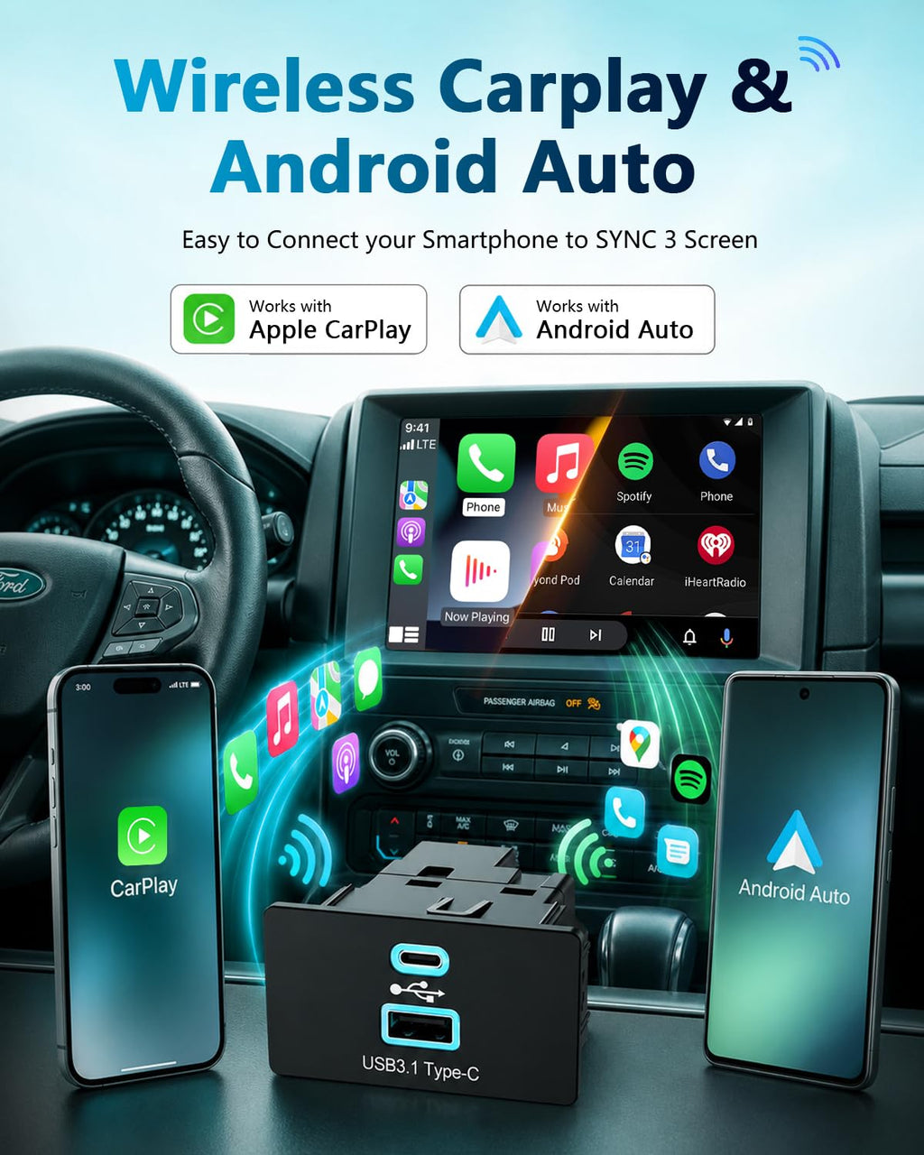 Wireless CarPlay for Ford Sync 3 USB Hub for Apple Carplay & Android Auto