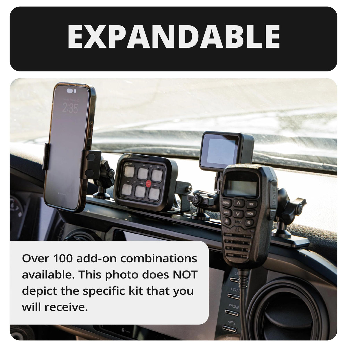 Tackform TRAXX Slim Track Dash Mount - Dual Phone Holders - Compatible with 2016-2023 Toyota Tacoma | All Metal - CNC Billet Aluminum | Full Width Bracket + Bezel Stiffeners | Red