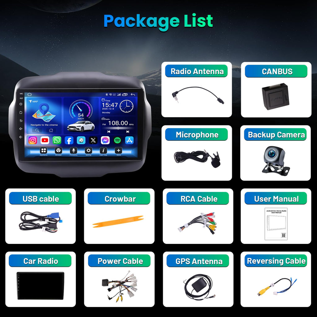 Car Radio Stereo Upgrade for Jeep Renegade 2015-2020, Replacement Head Unit