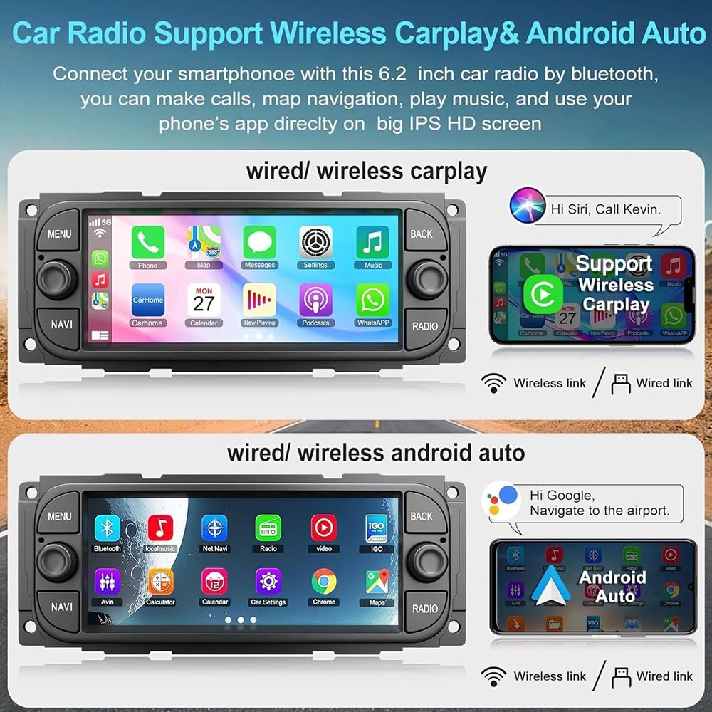 Android 14 Double Din Radio for Dodge Caravan 2001–2007 with Wireless Carplay Android Auto, 6.86"Touchscreen Bluetooth Stereo for Dodge Caravan Upgrade Head Unit WiFi GPS Navigation Mirror Link, 2+32G