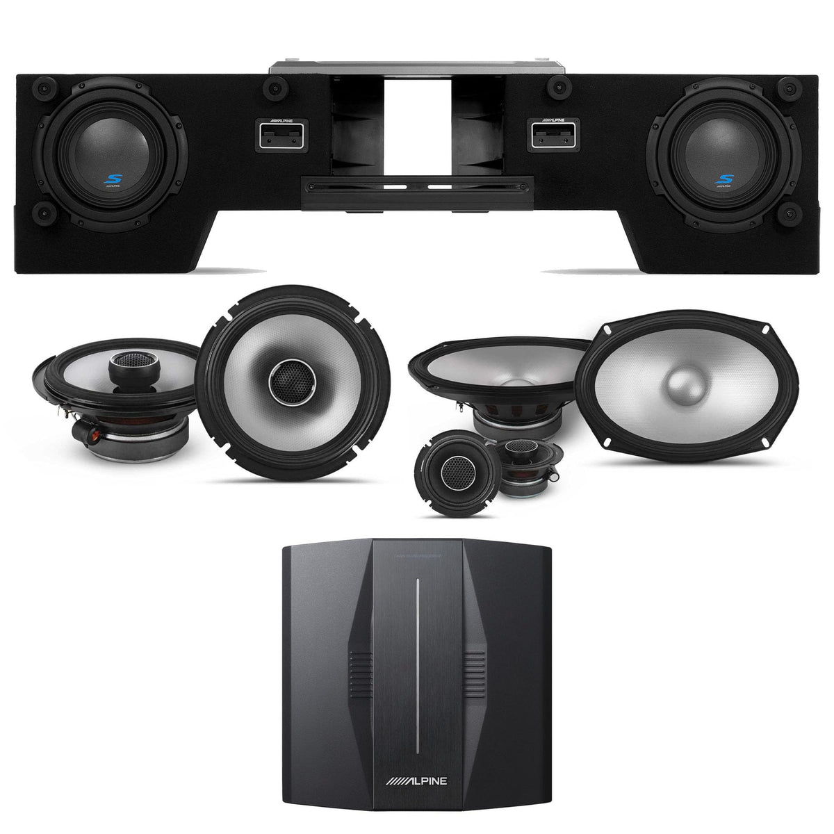 Alpine PXE-C80-88 OPTIM8 8-Channel Hi-Res Digital Sound Processor Amplifier w/S-DB8V-TRK Dual 8” Preloaded Truck Sub Enclosure & S2-S69C 6x9 & 65 6.5" Comp/Coaxial Bundle