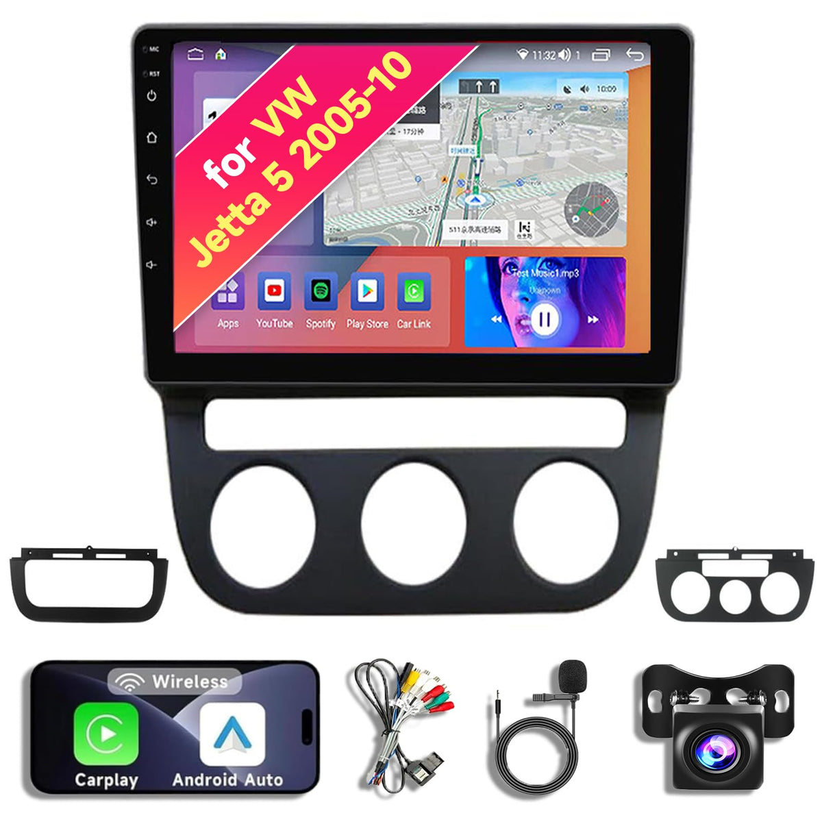 8CORE 4+64GB Android 14 Car Radio Stereo for 2005-2010 VW Volkswagen Jetta 5-10.1" QLED Touch Screen, Upgrade Dash Kit with CarPlay & Android Auto, GPS Navigation, SWC Support, Bluetooth 5.0, WiFi,