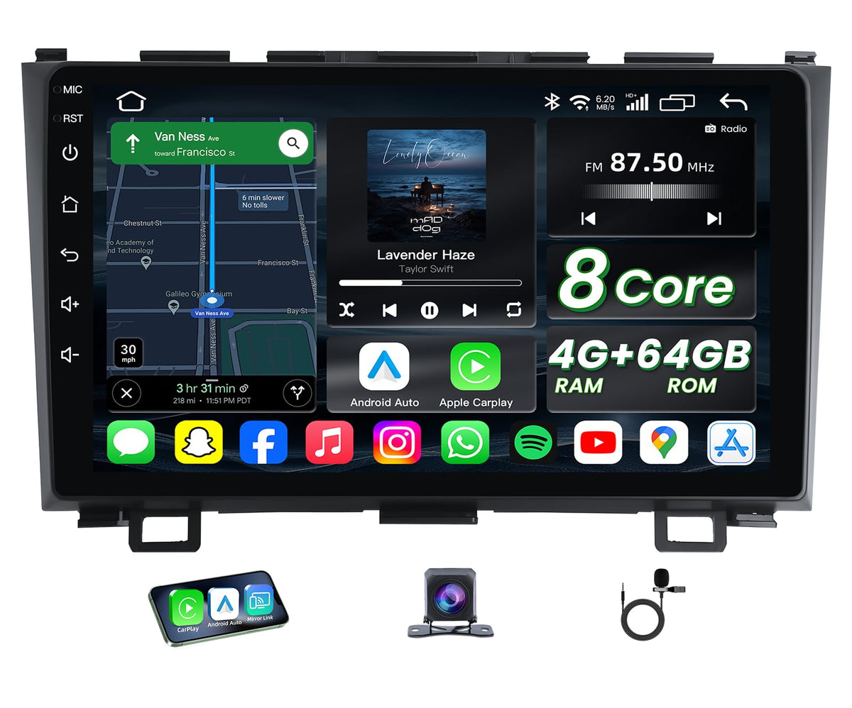 Upgrade 8 Core 4G+64G Car Radio Stereo for Honda CRV 2007-2011:9" 1280 * 800 HD Touch Screen Head Unit, Wireless Carplay Android Auto 5G WiFi Bluetooth AM FM GPS Backup Camera SWC