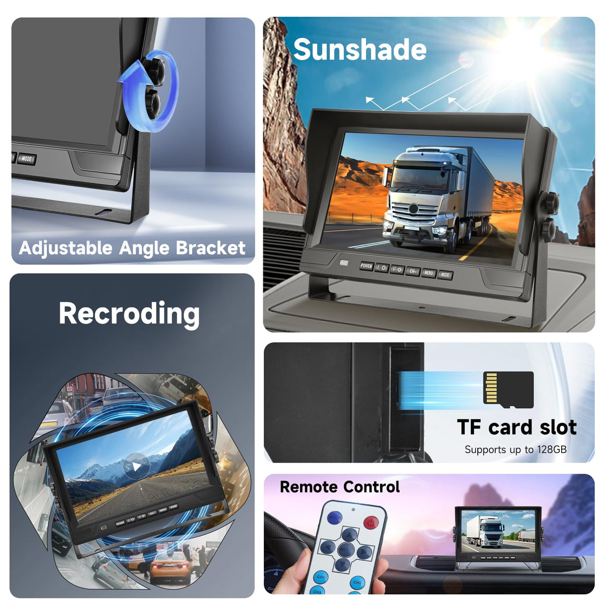 4 Channel 9 inch IPS Backup Camera System with Monitor for Tracks, RVs, Tractors, Bus, CementTruck, HD 1080P Wired Reverse Camera Waterproof Night Vision 4 Cameras Support Recording, Plug and Play