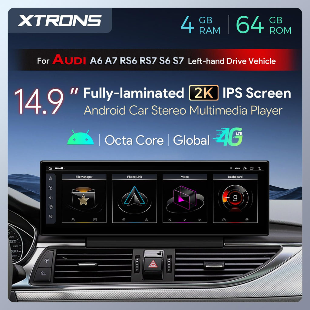XTRONS 14.9 Inch Android 13 Car Stereo for Audi A6 A7 RS6 RS7 S6 S7 2012-2015 MMI 3G/3G+ System, 2K IPS Touch Screen 4+64 GB 4G LTE Car Radio GPS Navigation Support Wireless CarPlay Android Auto