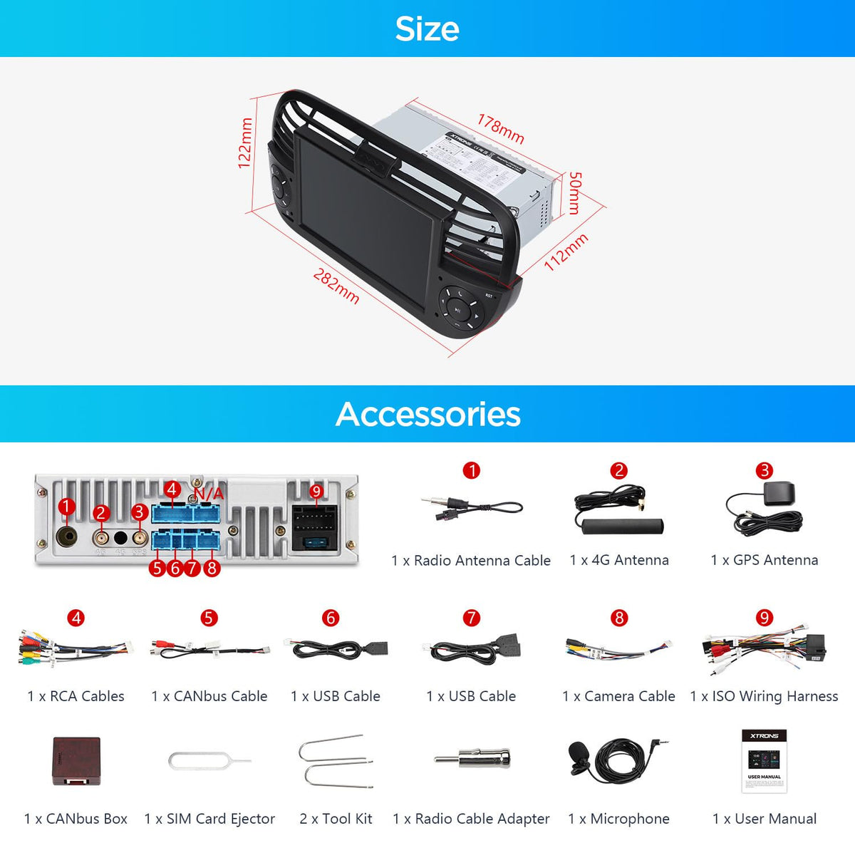 XTRONS Android 14 Car Stereo for Fiat 500 (2007-2015), 7 Inch Touch Screen Fiat 500 Replacement Head Unit with Gyroscope Built-in DSP GPS Navigation CarPlay Android Auto 4G LTE Bluetooth (4+64GB)
