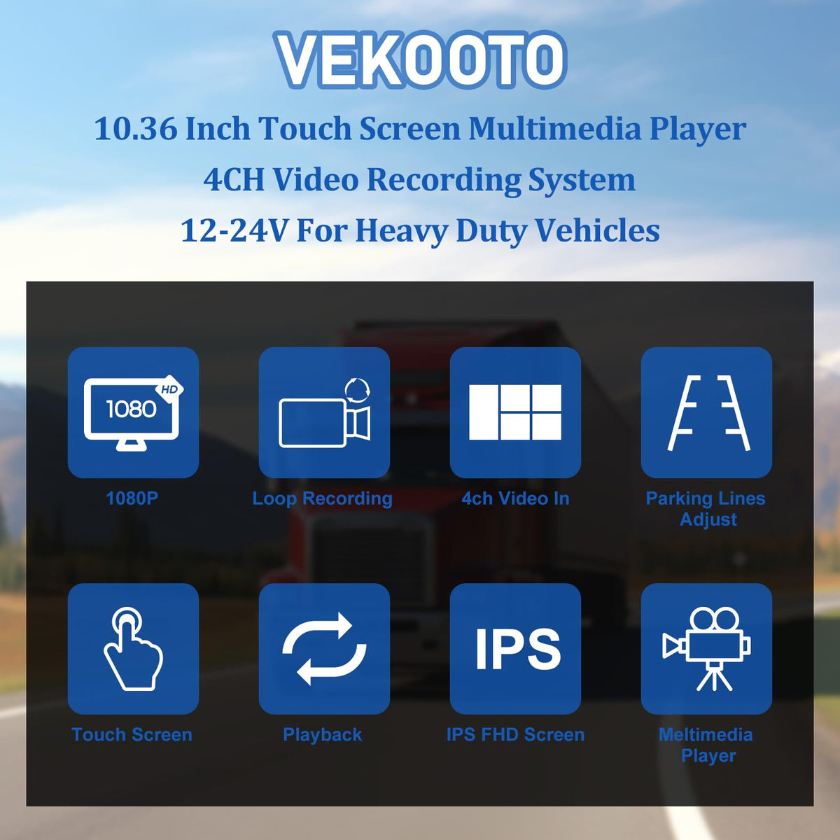 VEKOOTO Truck Camera System, 4CH Backup Camera with 10.36'' Touch Screen, Waterproof 4 AHD Rear Side View Camera, for Truck/Semi-Trailer/Camper/RV/Bus