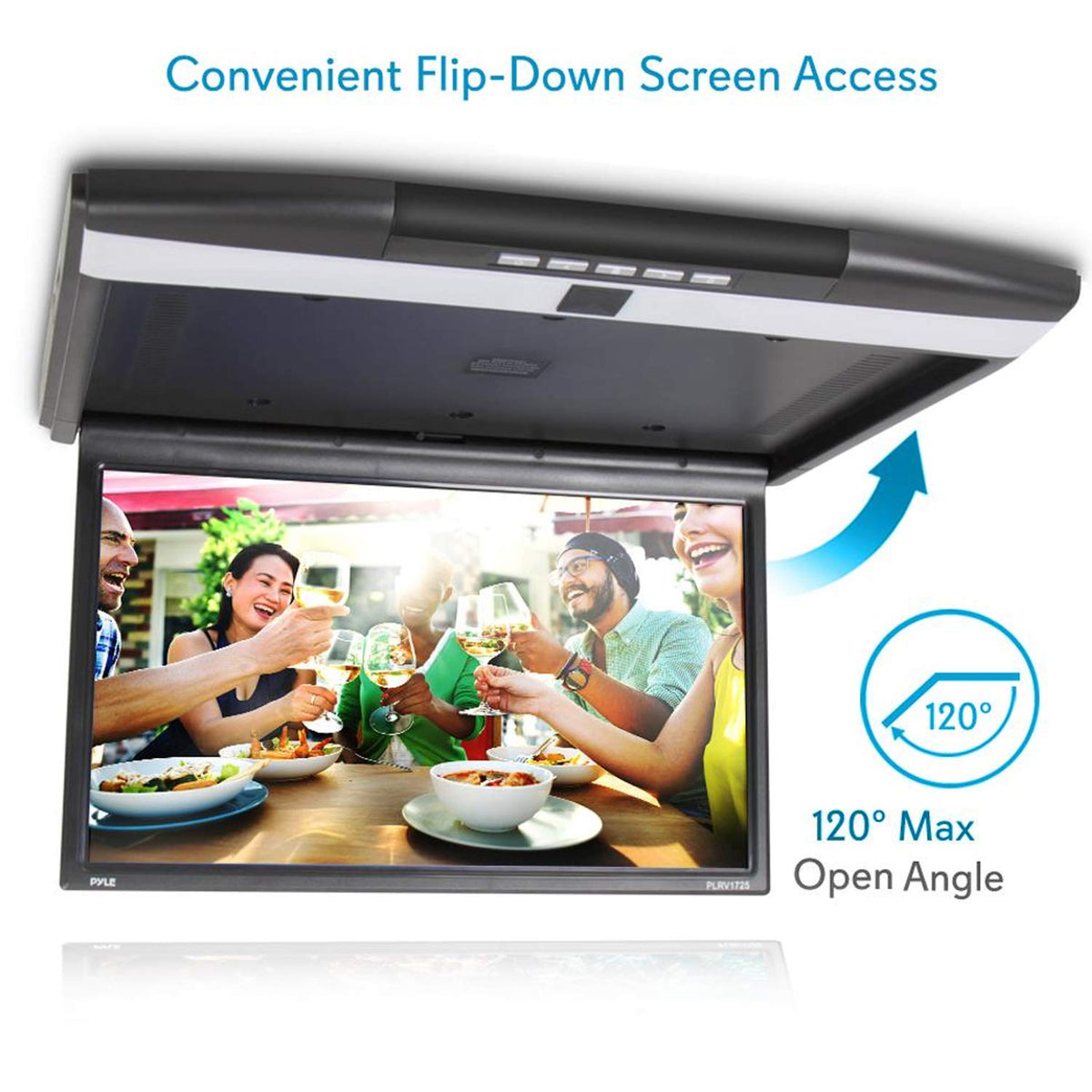 Pyle Car Overhead Monitor Screen Display - 17.3 inch. LCD Vehicle Flip Down Roof Mount Console - HDMI TV Player Control Panel w/ Built-in IR Transmitter for Wireless IR Headphone - Pyle PLRV1725