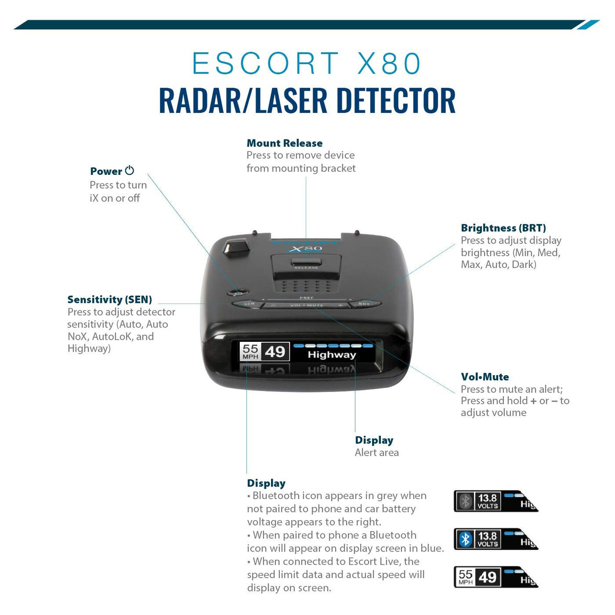 Escort X80 Laser Radar Detector - Extreme Long Range Early Alert Protection, False Alert Filter, Multi Color OLED Display, Crystal Clear Voice Alerts, Live Crowd Sourcing, Black