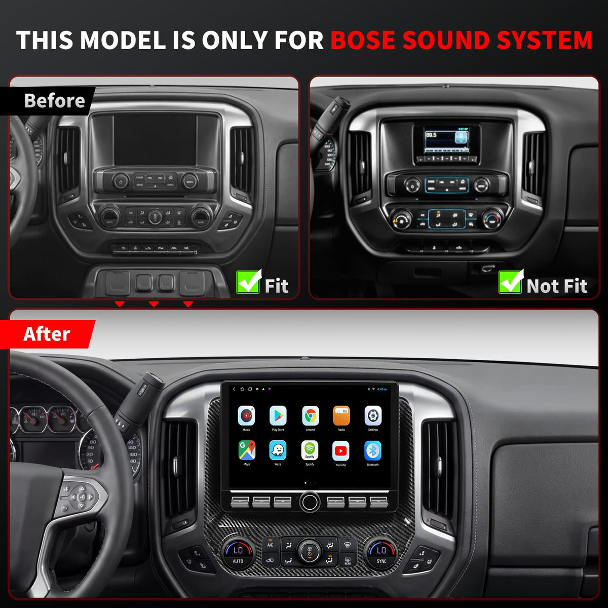 QLED Radio for Chevrolet Chevy Silverado Upgrade 2014 2005 2006 2007 2018 (Bose Sound System) Touch Screen Stereo Replacement,Wireless Carplay Android Auto, 4G Network