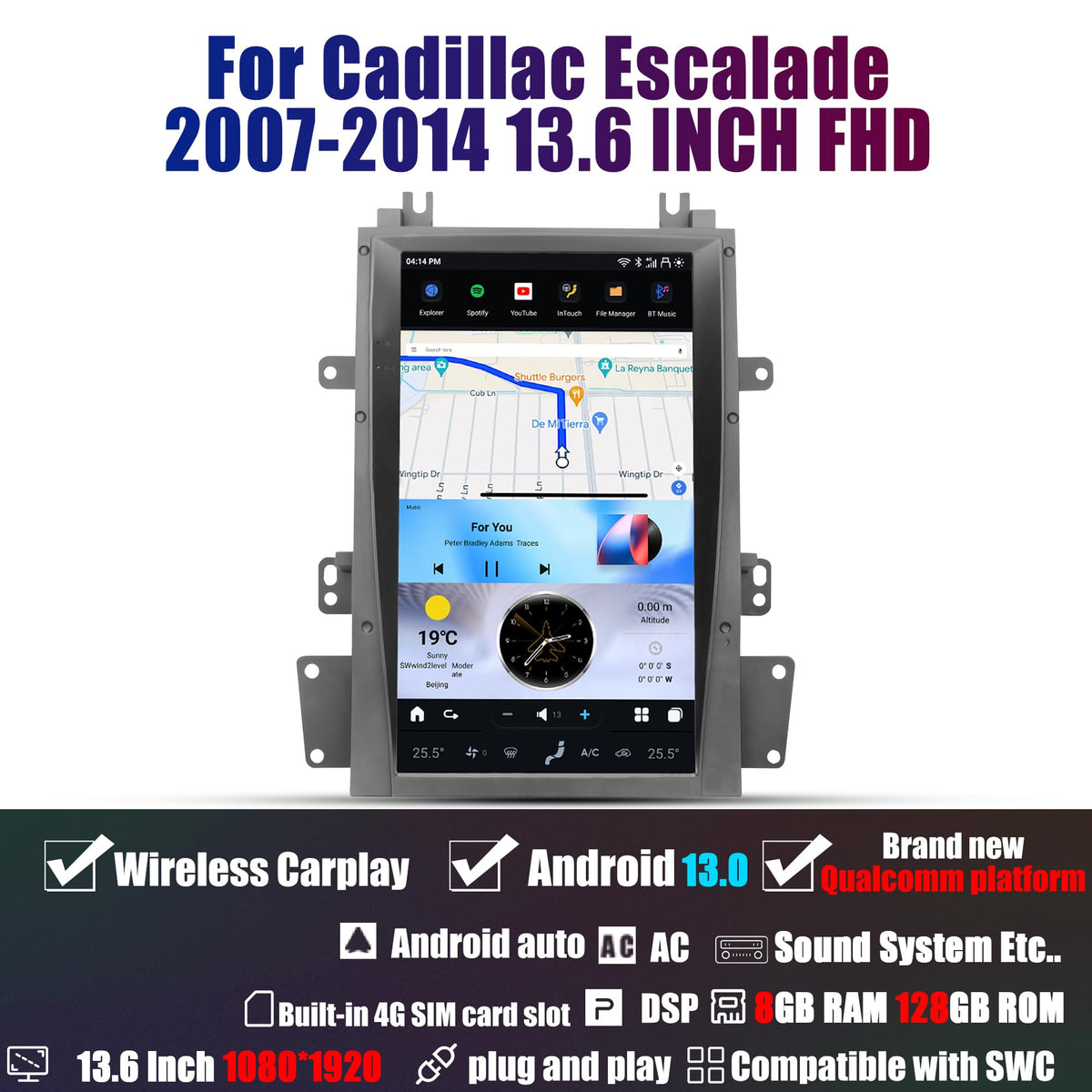 AUCARTUO AuCar Android 13 Car Radio 13.6 Inch Touch Screen Head Unit for Cadillac Escalade 2007-2014 Car Multimedia Stereo Video Player GPS Navigation Wireless Carplay & Android Auto 8+128GB