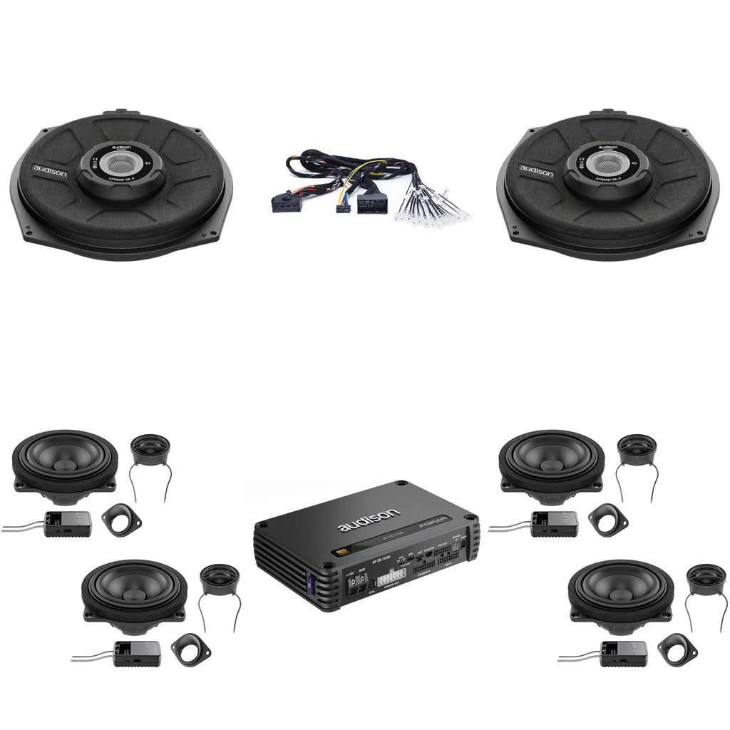Audison BM-DSP-AF-05 DSP Amplifier with Replacement Front & Rear Speakers and Underseat Woofers and Harness Compatible with 19-25 BMW 3-Series G21 Base Audio System