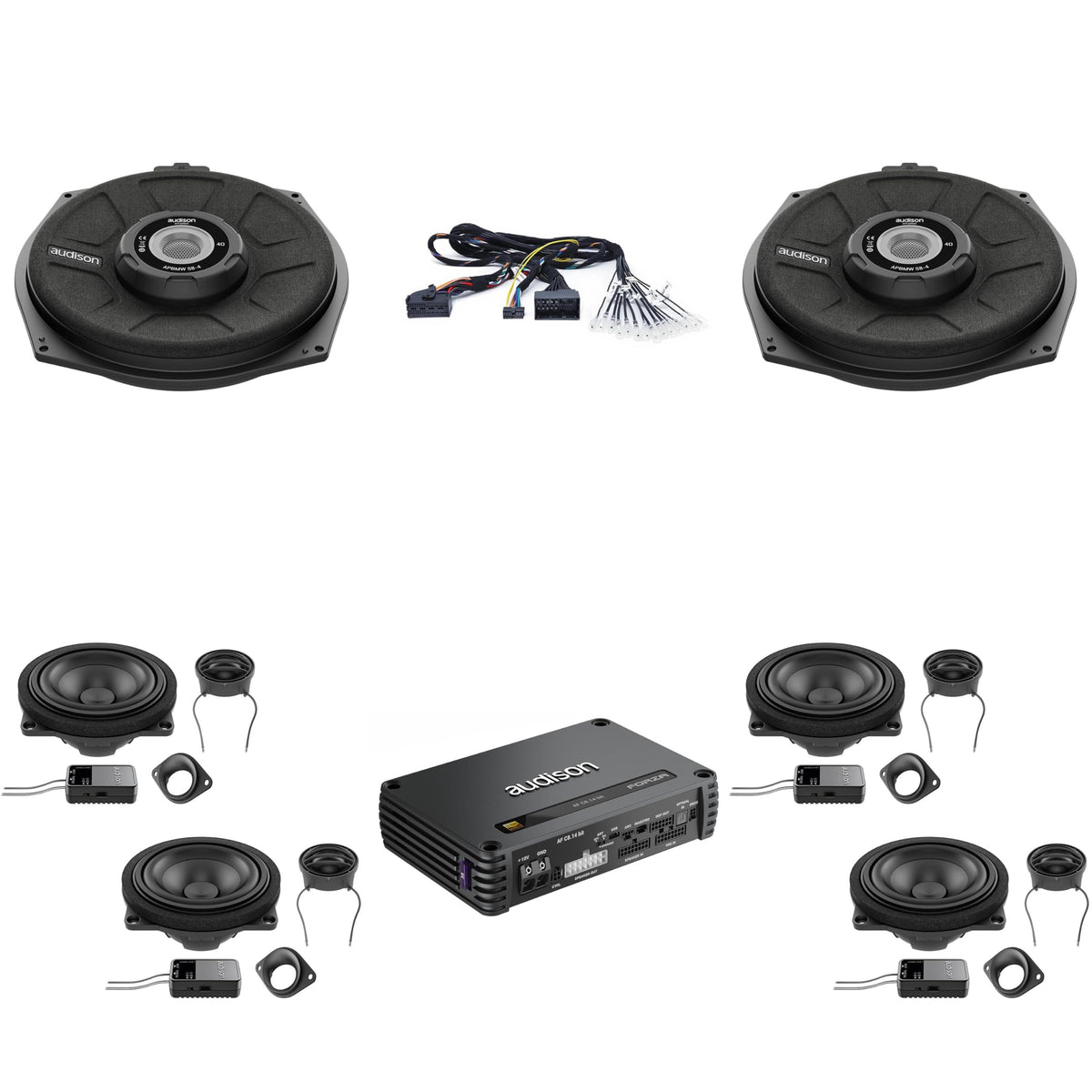 Audison BM-DSP-AF-05 DSP Amplifier with Replacement Front & Rear Speakers and Underseat Woofers and Harness Compatible with 19-25 BMW 3-Series G21 Base Audio System