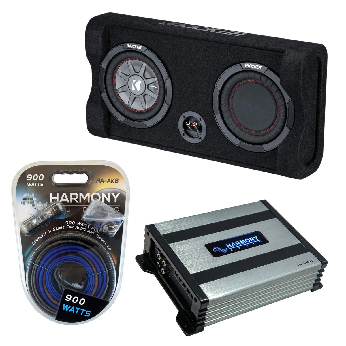 Harmony Audio Kicker 47TRTP82 Car Audio Down Firing 8" Thin Sub Box Passive Radiator Bundle with Harmony HA-A400.1 Amplifier & Amp Kit