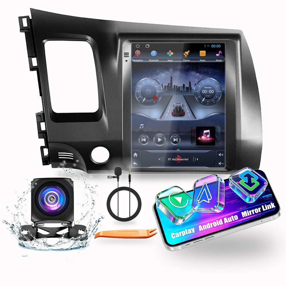 for Honda Civic 2006-2011 LHD(Manual A/C) Tesla Style Car CarPlay Android Auto Navigation Stereo GPS Radio Reverse Camera 9.7" IPS Touchscreen Headunit Tablet Media Player Quad Core 2G+64G