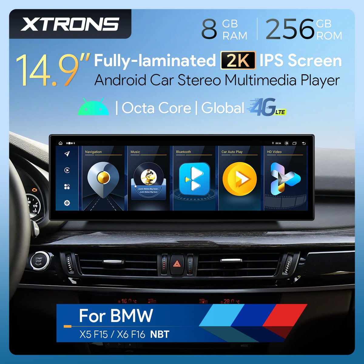 XTRONS 14.9 Inch Android 14 Car Stereo for BMW X5 F15 X6 F16 (2014-2017) with NBT System, 2K IPS Touch Screen 8+256 GB Global 4G LTE Car Radio GPS Navigation Support Wireless CarPlay Android Auto