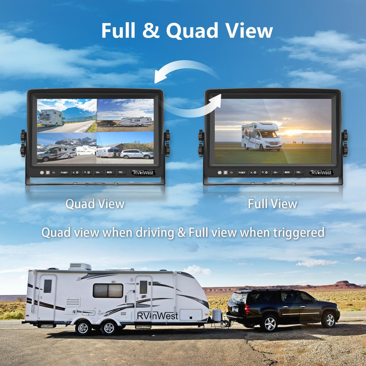 RV Backup Camera System with 7'' Monitor Wired for RV Semi Box Truck Trailer Bus, 4 Split Screen Quad View HD DVR Record Monitor + IP69 Waterproof Night Vision Rear Side View Camera Avoid Blind Spot