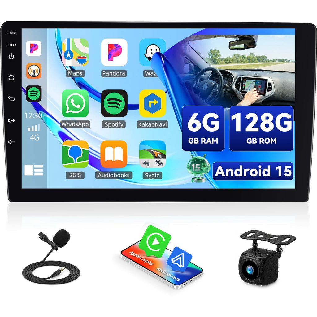 【8-Core 6G+128G】 10.1 Inch HD Car Radio Carplay Screen for Car with 5GWiFi,Double Din Car Stereo with Wireless CarPlay Android Auto GPS Bluetooth,FM/RDS,SWC EQ+Backup Camera