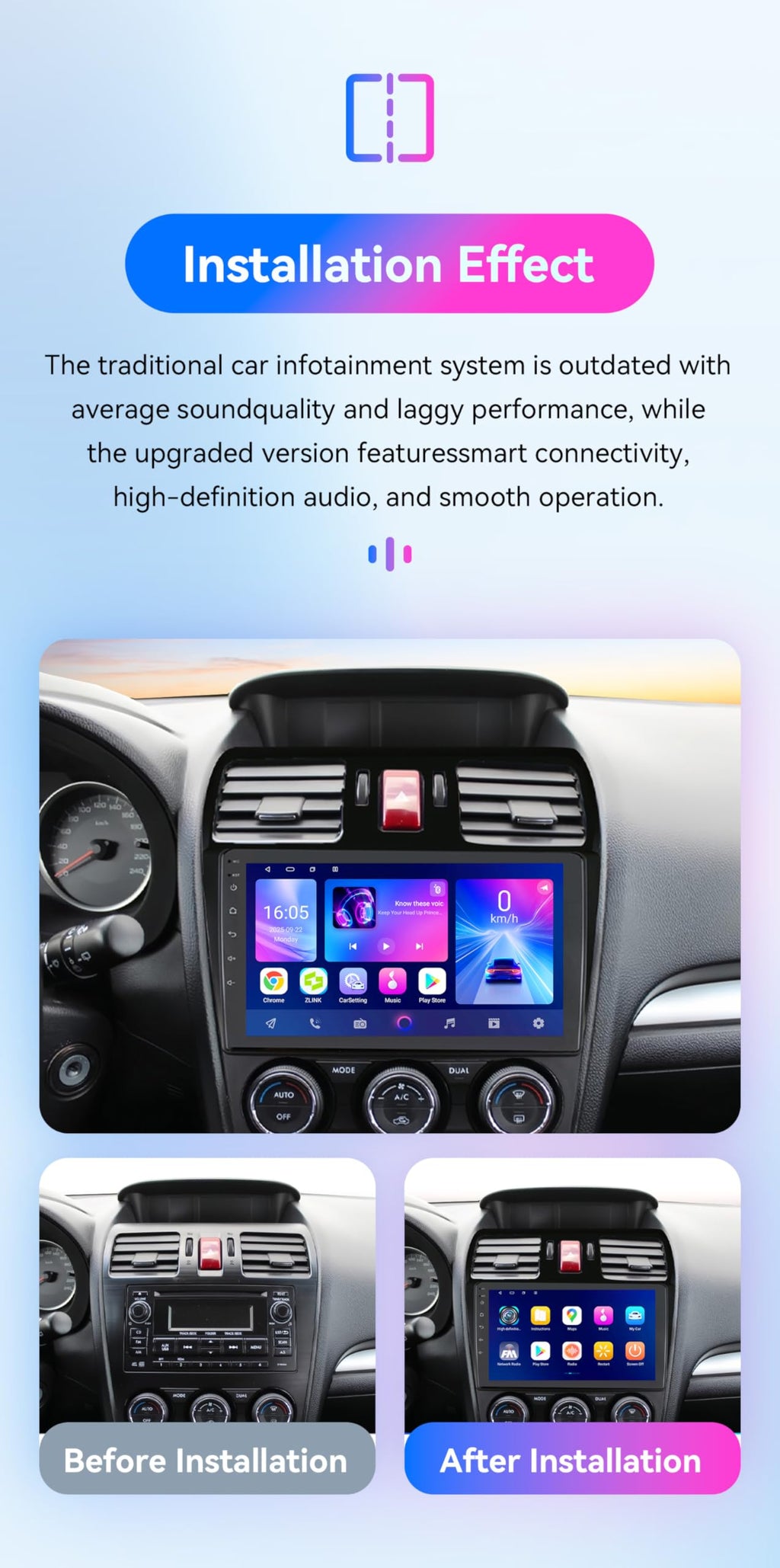 Android 14 Car Stereo Upgrade for Subaru Forester MK4 lmpreza XV Crosstrek, 8Core 4+64GB GPS Navigation with 9inch QLEDTouchscreen Wireless Carplay Android Auto SWC EQ USB Bluetooth 5.4