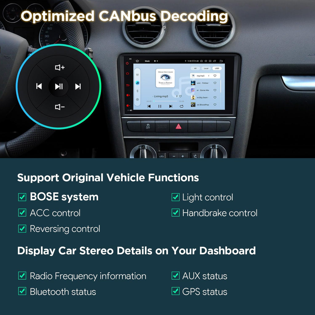 XTRONS Car Stereo for Audi A3 S3 RS3, Android 14 Qualcomm Octa Core 8GB+256GB Car Radio, 8 Inch IPS Touch Screen GPS Navigation for Car Bluetooth Head Unit Built-in DSP CarPlay Android Auto