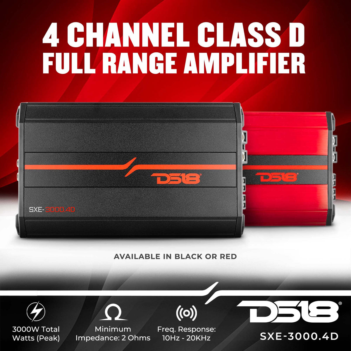 DS18 SXE-3000.4D/RD Car Amplifier Stereo Full-Range Class D 4-Channel 200x4 RMS @4 OHM 3000 Watts - Powerful and Compact Amp for Speakers in Car Audio System (Renewed), RED