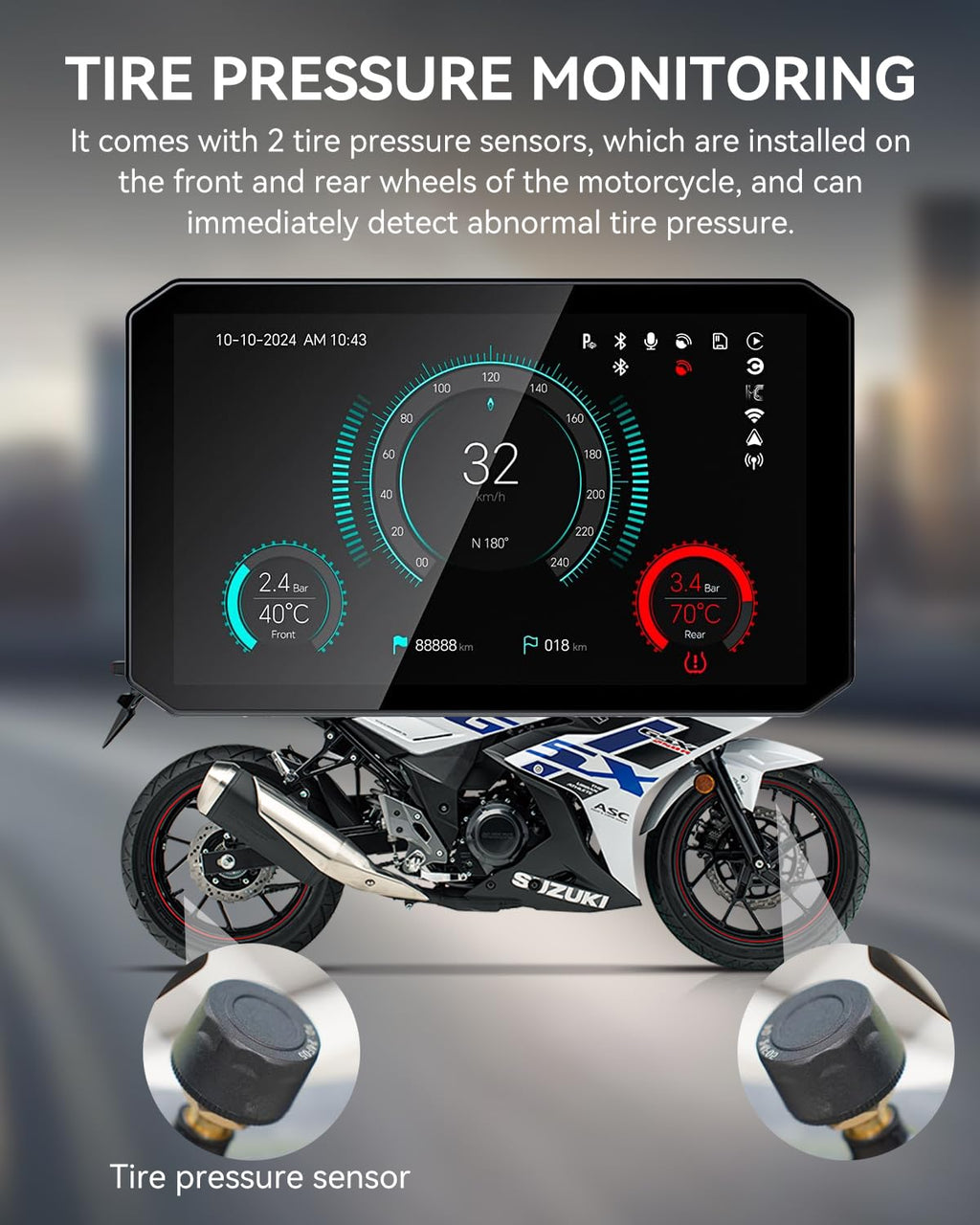 Y5 5" Motorcycle CarPlay Screen, Wireless Android Auto, Dual 1080P Motorcycle Dash Cam Front and Rear with TPMS, IP67 Waterproof, 5G Wi-Fi & App, 64GB Card Included, GPS, Parking Monitor, Night Vision