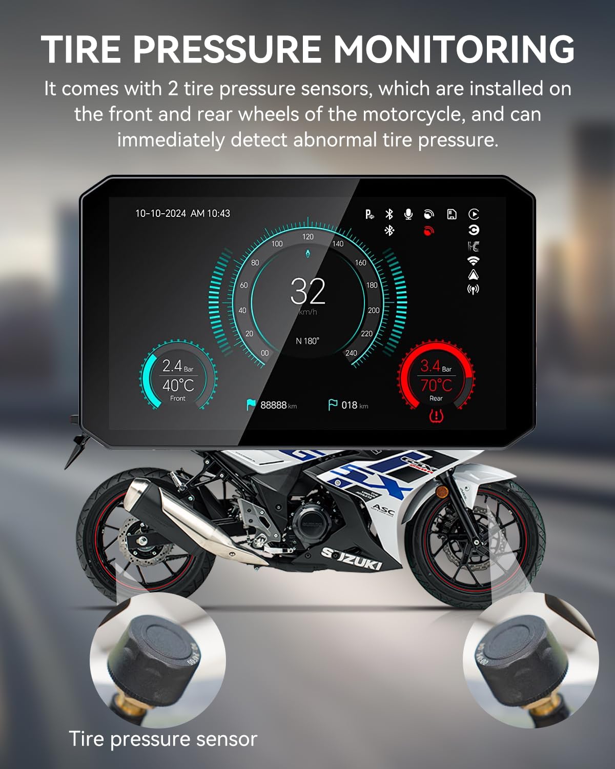 Y5 5" Motorcycle CarPlay Screen, Wireless Android Auto, Dual 1080P Motorcycle Dash Cam Front and Rear with TPMS, IP67 Waterproof, 5G Wi-Fi & App, 64GB Card Included, GPS, Parking Monitor, Night Vision