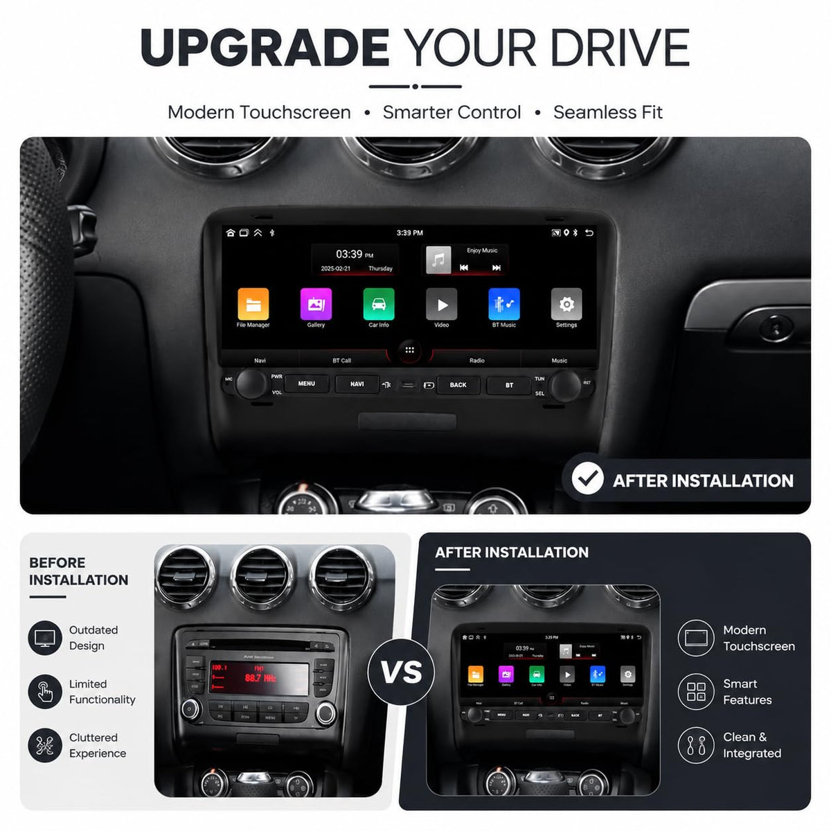 4Core 2+64GB Android 14 Car Radio Stereo for Audi TT MK2 8J 2006-2014, 10.26 Inch Touch Screen Dash Kit with Wireless CarPlay Android Auto GPS Navigation Bluetooth SWC WiFi 5G DSP RDS FM Camera Pleas