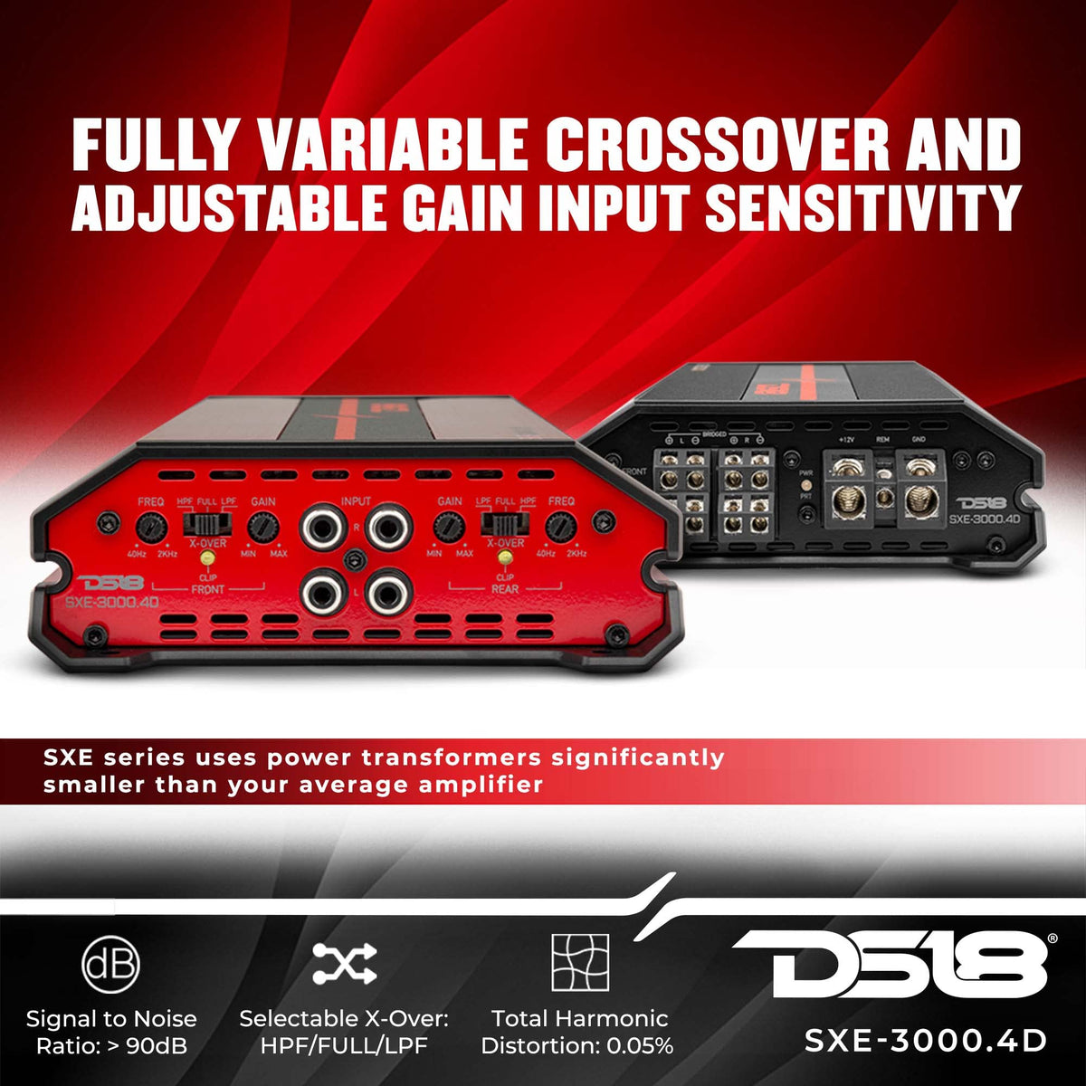 DS18 SXE-3000.4D/RD Car Amplifier Stereo Full-Range Class D 4-Channel 200x4 RMS @4 OHM 3000 Watts - Powerful and Compact Amp for Speakers in Car Audio System (Renewed), RED