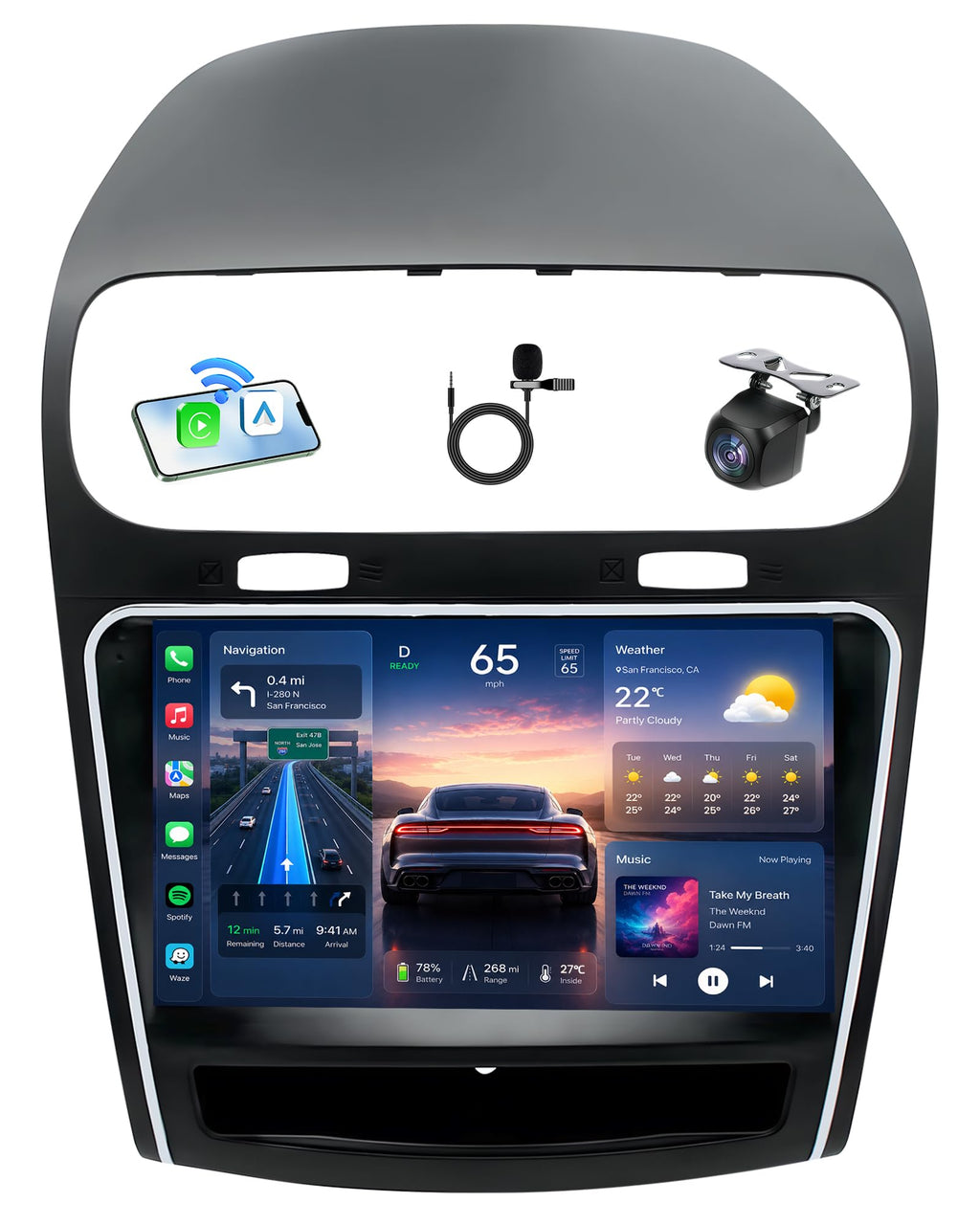 [4Core 64G ROM] Car Radio for Dodge Journey 2011-2019: 9" 1280x800 HD Touchscreen Stereo with Wireless Carplay Android Auto GPS Navigation Bluetooth 5G WiFi FM RDS DSP EQ SWC, Free Backup Camera
