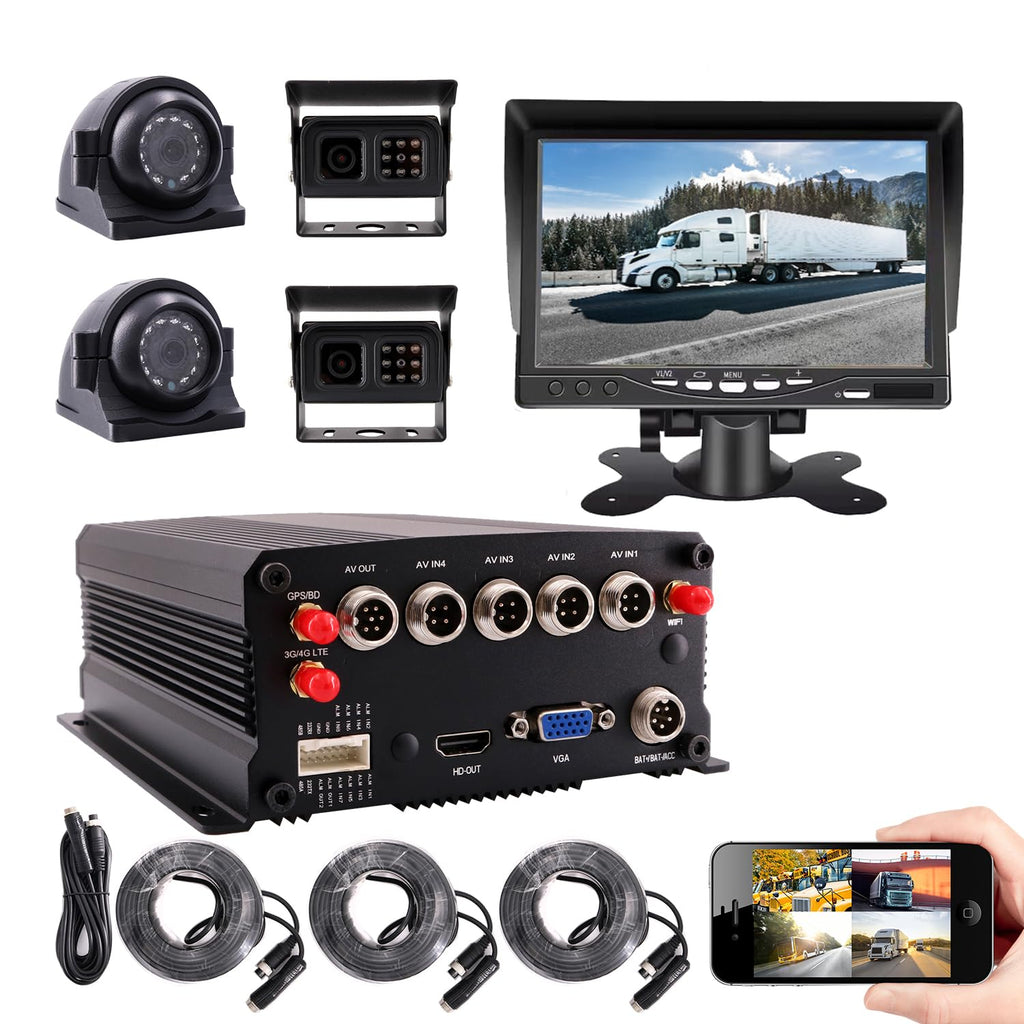 4 Channel 1080P Mobile Vehicle Truck Bus DVR Black Box Video Recorder Kit with 4pcs Waterproof Side Rear View Backup Night Vision Metal IR Car Camera 7" IPS Car Monitor (500GB SSD Included)