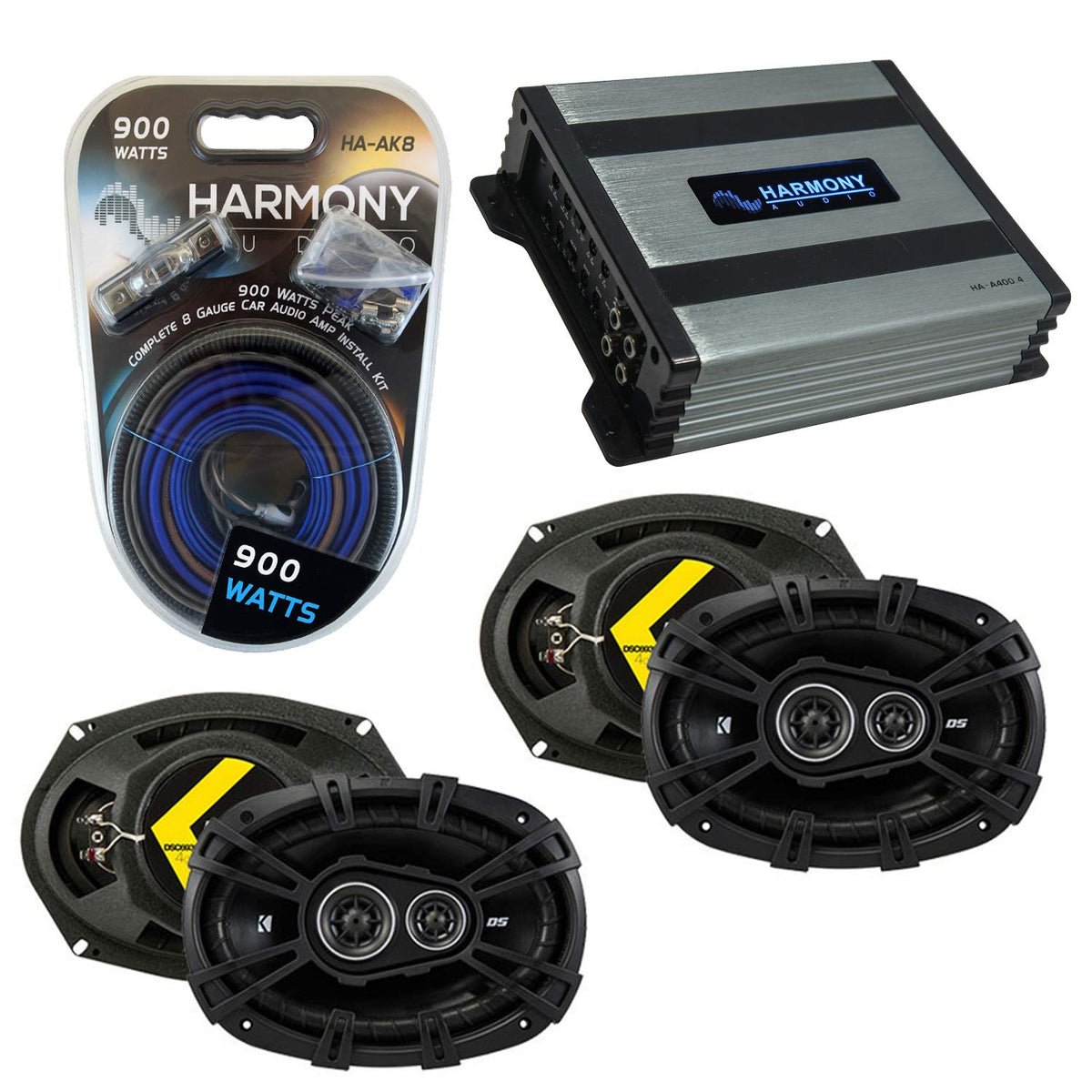 Harmony Audio Compatible with Dodge Charger 2005-2010 Factory Speaker Replacement Kicker Bundle (2) DSC693 & Harmony HA-A400.4