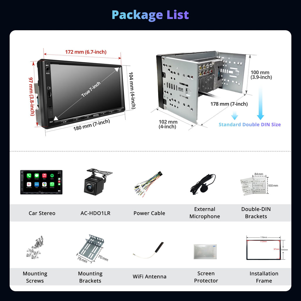 F7WE Double Din Car Stereo with Backup Camera, 7inch Wireless CarPlay Touch Screen in-Dash Video Receivers, Wireless Android Auto, Bluetooth 5.3 Car Play Radio, FM/AM/USB/AUX, MirrorLink