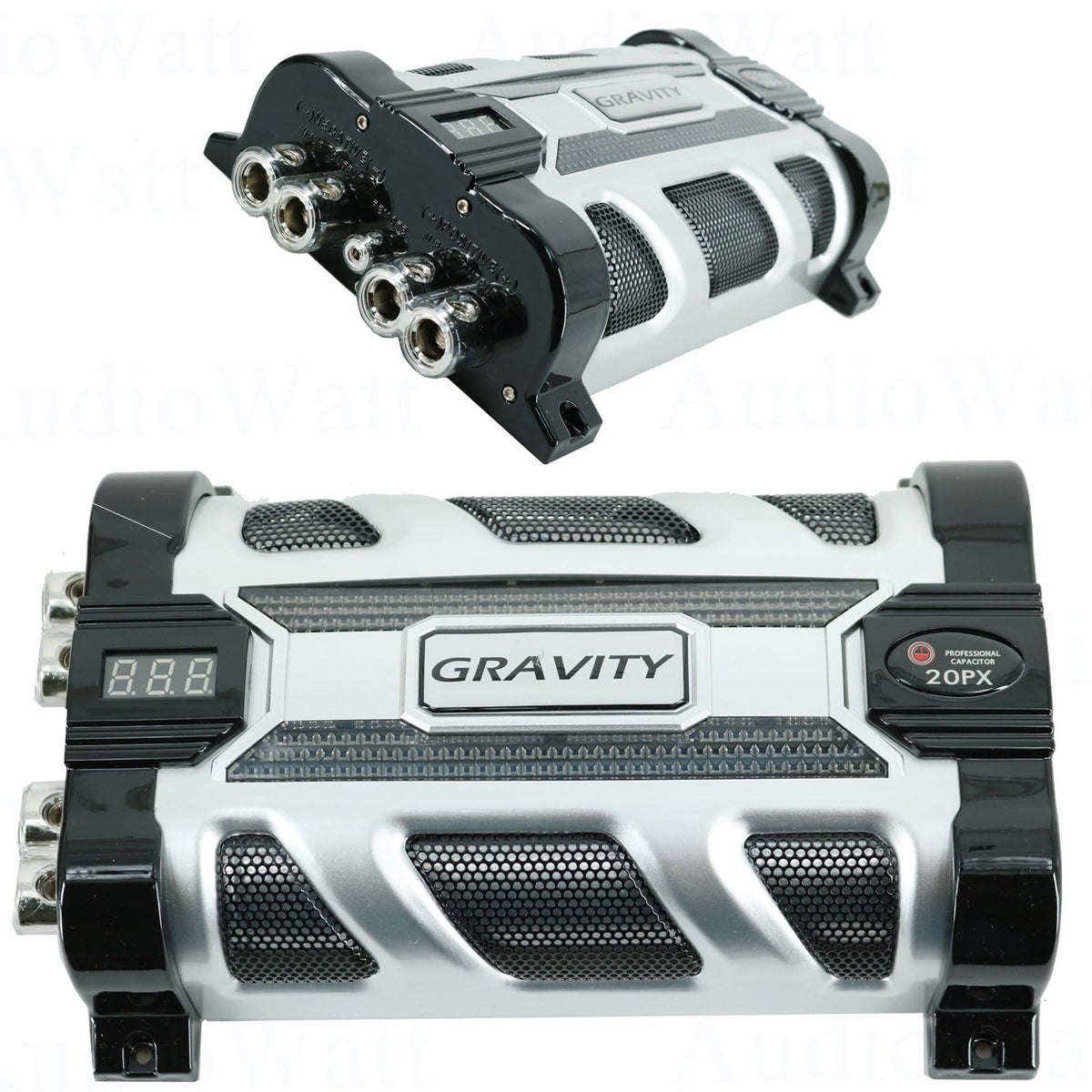 Gravity Pro 20 Farad Car Audio Capacitor - 12V Digital Voltage Display, Blue LED Lightning Window, Chrome Power/Ground Distribution Block, Up to 10,000W Systems