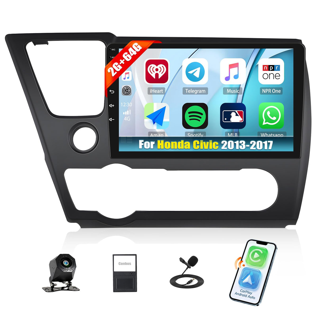 SIXTOP 4G+64G Android Car Stereo Radio for Honda Civic 2013-2017 Wireless CarPlay Android Auto Bluetooth 5.0 GPS 9 Inch HD Touch Screen WiFi FM/RDS Type-C 32EQ SWC AHD Backup Camera