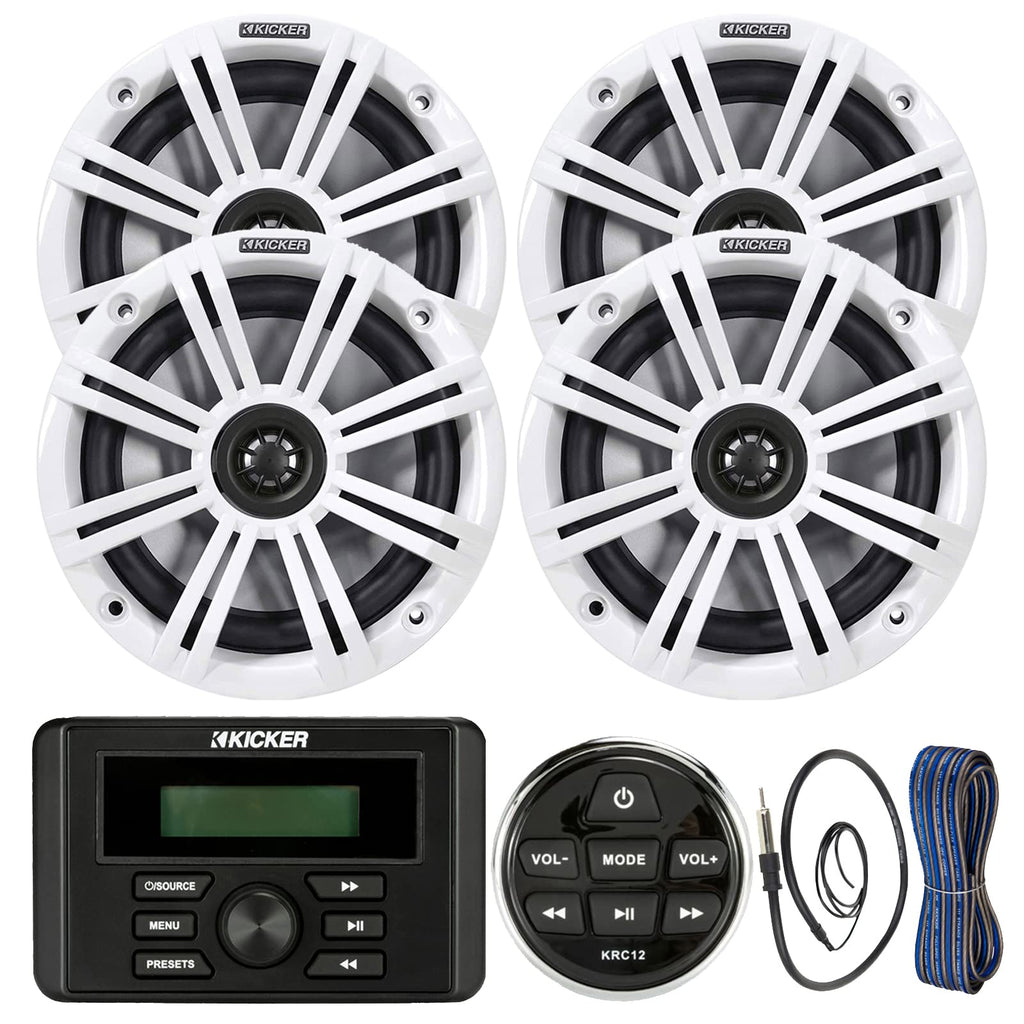 Kicker Weather-Resistant Marine Bluetooth USB RCA Stereo Receiver w/Remote Bundle with (QTY 4) 6.5" 2-Way 195W Max Coaxial Marine Speakers, White Grilles, 50-Ft Wire, Antenna