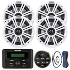 Kicker Weather-Resistant Marine Bluetooth USB RCA Stereo Receiver w/Remote Bundle with (QTY 4) 6.5" 2-Way 195W Max Coaxial Marine Speakers, White Grilles, 50-Ft Wire, Antenna