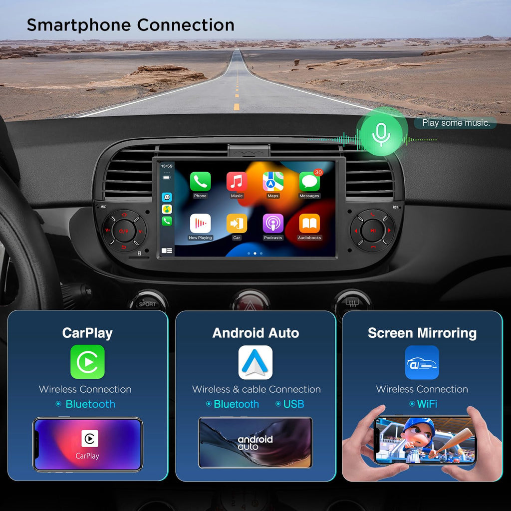 XTRONS Android 14 Car Stereo for Fiat 500 (2007-2015), 7 Inch Touch Screen Fiat 500 Replacement Head Unit with Gyroscope Built-in DSP GPS Navigation CarPlay Android Auto 4G LTE Bluetooth (4+64GB)