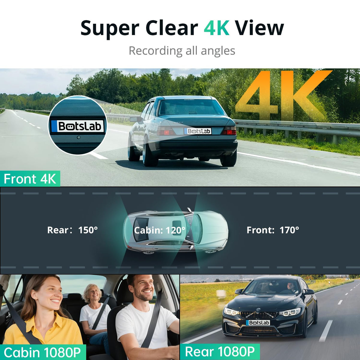 BOTSLAB 3 Channel Dash Cam 4K with ACC Hardwire Kit & 128GB TF Card, 3.18" Touch Screen, Voice Control, 4K Front and 1080P Rear Inside Loop Recording, 5.8GHz WiFi, GPS, Night Vision, WDR, Parking Mode