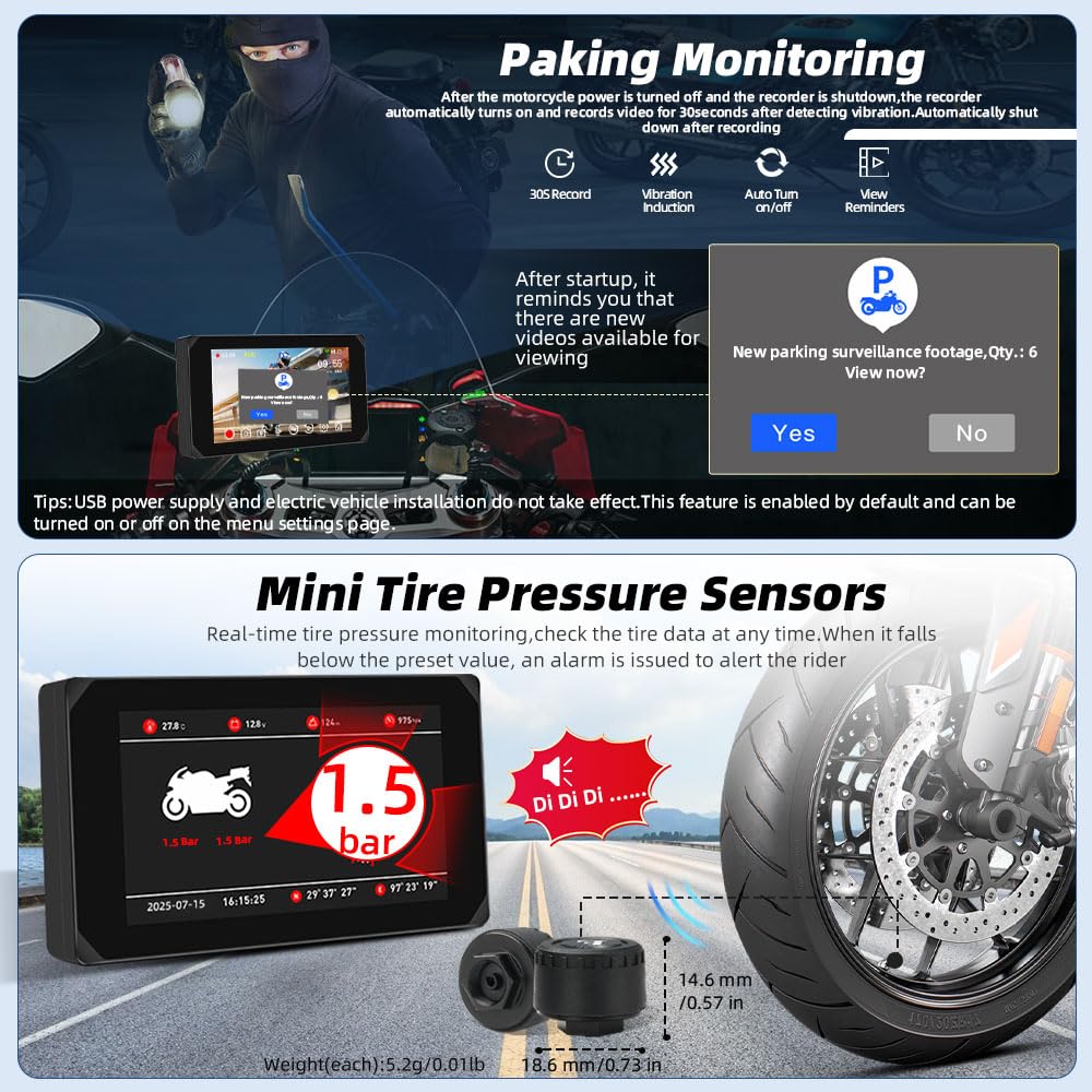 Motorcycle Carplay Screen, Wirelss Carplay Android Auto, Tire Pressure Sensors, Parking Monitoring, WiFi 5 Inch Touchscreen 1080P Front and Rear Camera Motorbike Dash Camera, GPS (5-inch)
