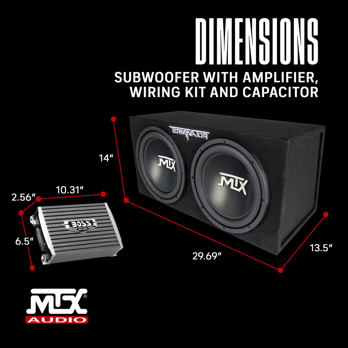 MTX Terminator Dual 12" Subwoofer Box w/Amp, Wiring Kit, & Capacitor