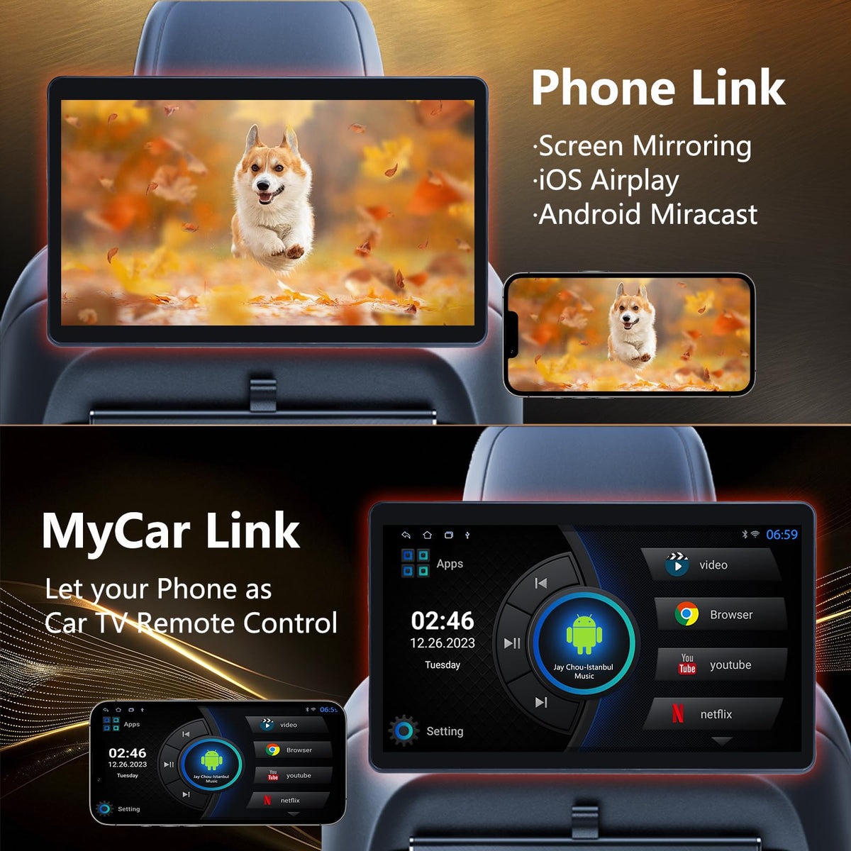 10.1" Car TV Headrest Monitor for Back Seat, 4K Android Tablet Portable Rear Entertainment System, Support Phone Wireless MirrorLink, with WiFi/HDMI/USB/Video Player, 2G+32G (1*PCS)