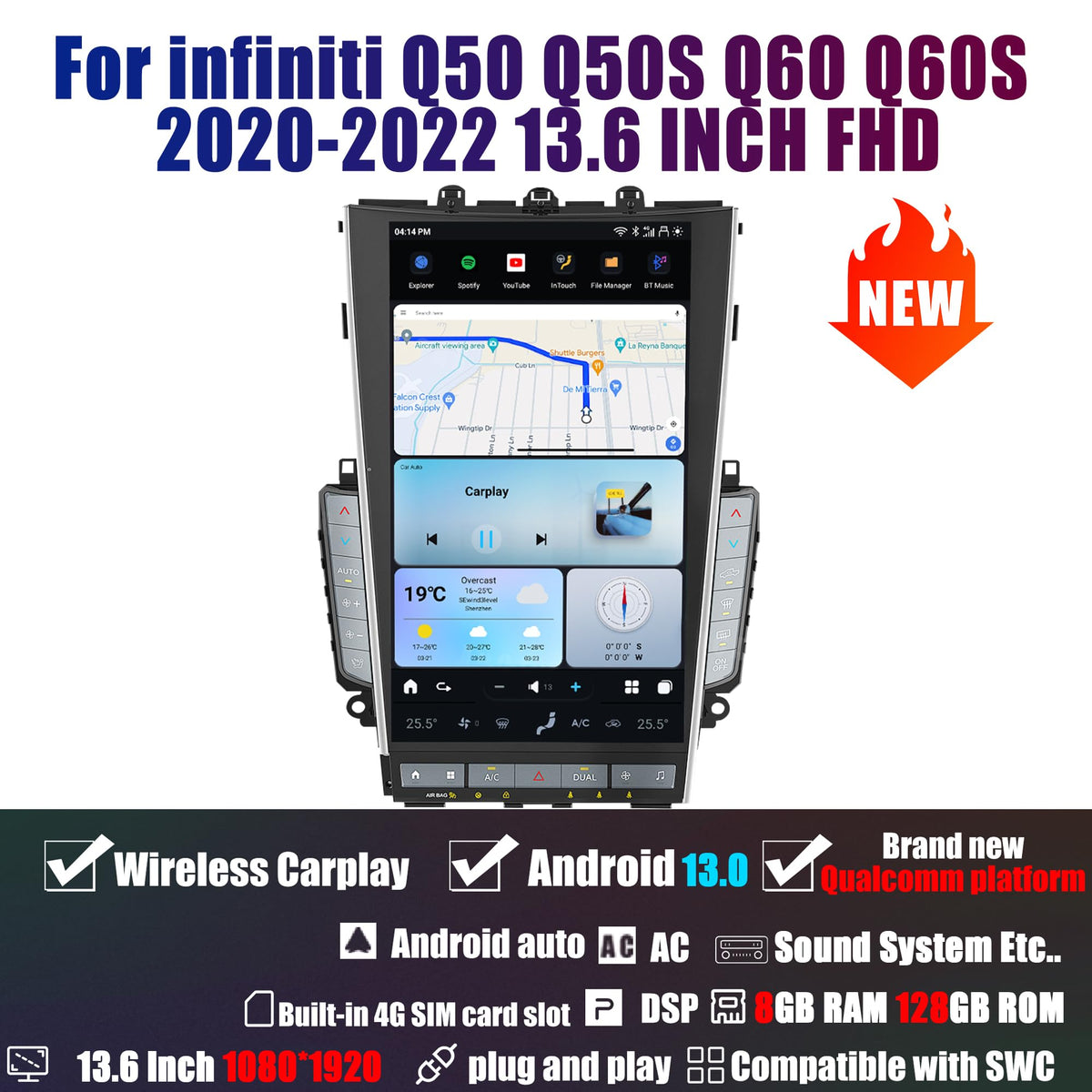AuCar Mark 7 Android 13 Car Radio Head Unit for Infiniti Q50 Q50S Q60 Q60S 2020-2022, 13.6 Inch Car Multimedia Stereo Video Player GPS Navigation, Wireless Carplay & Android Auto, 8+256GB