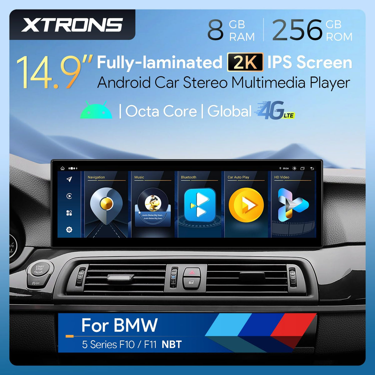 XTRONS 14.9 Inch Android 14 Car Stereo for BMW F10/F11 (2013-2016) NBT System, 2K IPS Touch Screen 8+256GB Global 4G Car Radio GPS Navigation Support Wireless CarPlay Android Auto